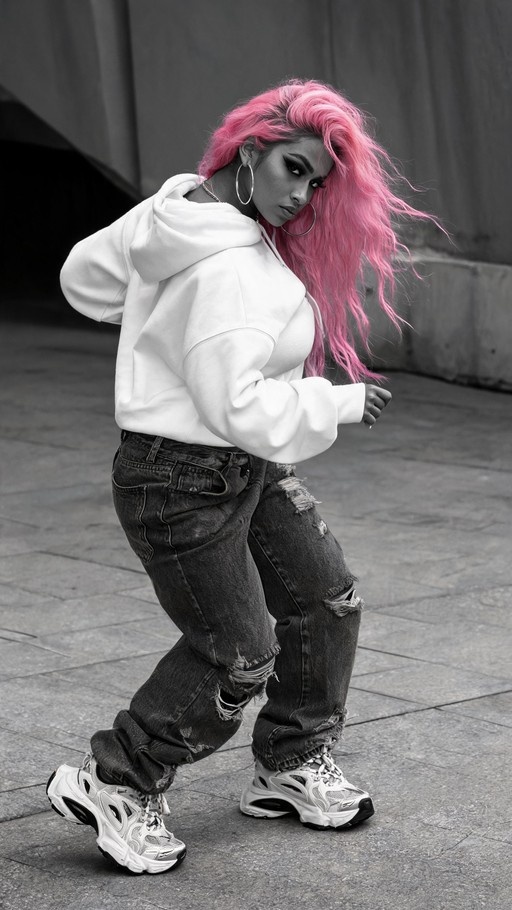 A woman with long pink hair wearing a white hoodie and ripped jeans poses on a sidewalk.