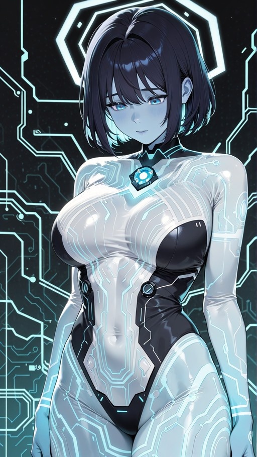 Pale-skinned female cyborg with short dark hair and glowing blue eyes wearing a futuristic white bodysuit with glowing cyan circuitry patterns against a digital background.