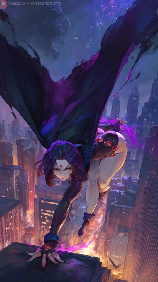 Raven from DC Comics flying over a city at night with her cape spread wide.