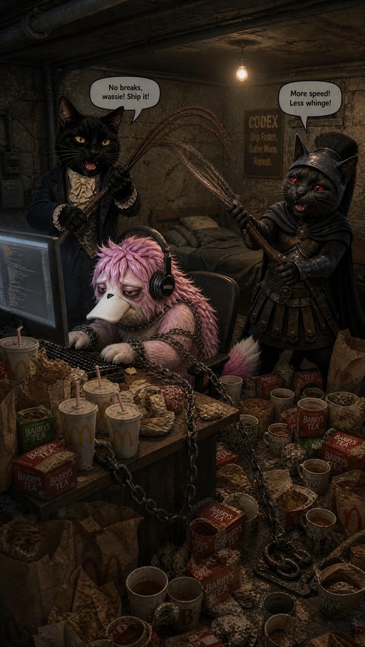 A pink furry character with a duck bill is chained to a desk working on a computer while two cat bosses in Victorian and Roman armor whip him. The room is filled with fast food wrappers and tea boxes. Speech bubbles say "No breaks, wassie! Ship it!" and "More speed! Less whinge!"
