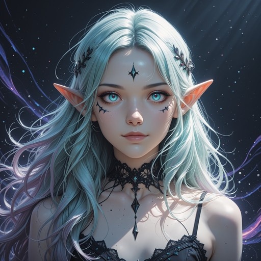 A portrait of a fantasy elf girl with long white hair, pointed ears, blue eyes, and black star markings on her face, wearing a black lace choker against a cosmic background.