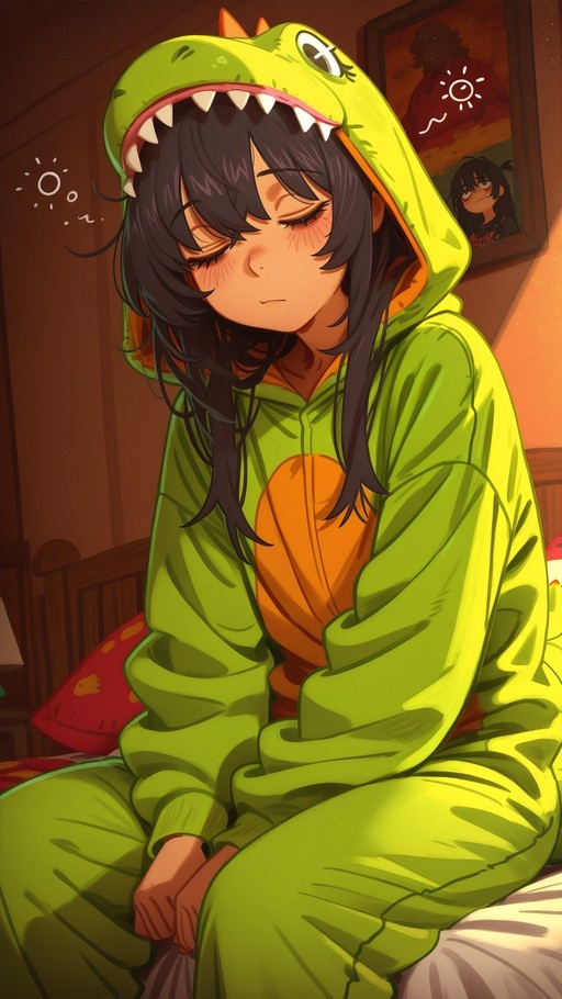 Yor Forger from Spy x Family sleeping in a green dinosaur onesie.