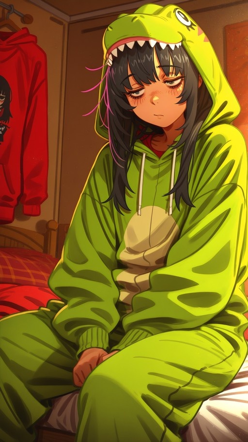 Mitaka Asa from Oshi no Ko sitting on a bed in a green dinosaur onesie with tired eyes.