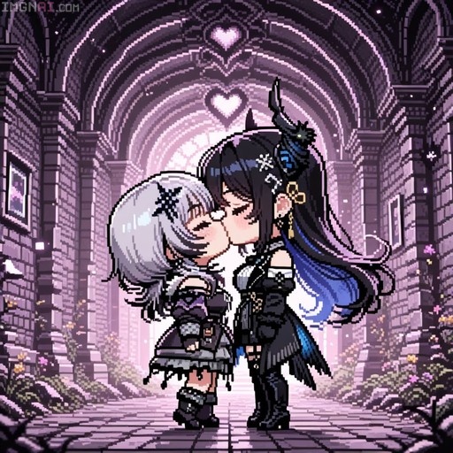 Pixel art illustration of Nerissa Ravencroft and Shiori Novella kissing in a gothic hallway with heart motifs.