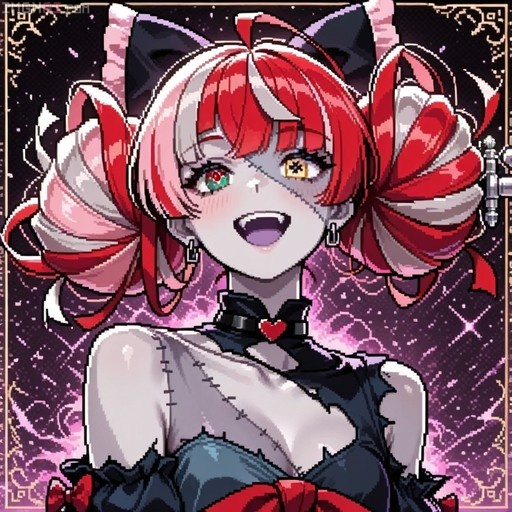Pixel art portrait of Kureiji Ollie with red and white hair, heterochromatic eyes, and zombie stitches wearing a black dress.