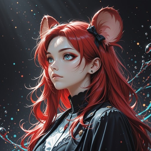 A digital portrait of Hakos Baelz featuring long red hair, mouse ears with a black bow, blue eyes, and a black jacket against a dark background with floating particles.