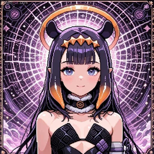 Pixel art portrait of Ninomae Ina'nis with purple hair and a golden halo.