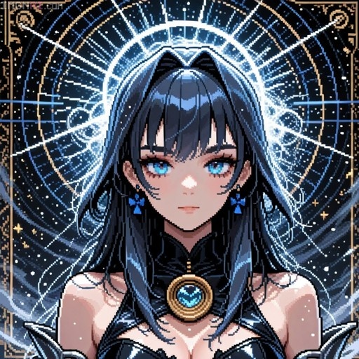 Pixel art portrait of Ouro Kronii with long dark blue hair and blue eyes, wearing a black dress with a gold brooch and bow earrings against a starry cosmic background.