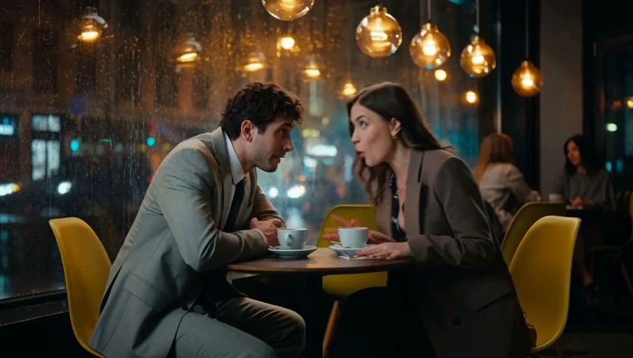 A man and woman in business attire sit at a small table drinking coffee while talking animatedly inside a cafe with rain visible on the window behind them.
