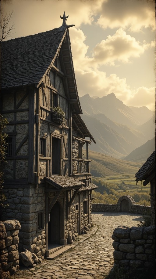 A rustic stone and timber house sits along a winding cobblestone path in a mountain village, with jagged peaks rising in the background under a cloudy sky.