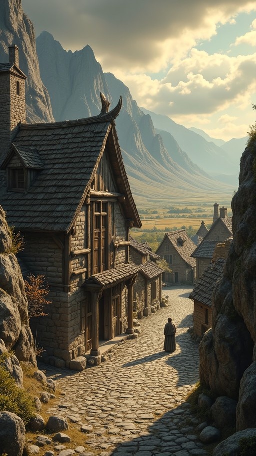 A solitary figure stands on a cobblestone path in the stone village of Dragonsreach, looking out toward mountains.