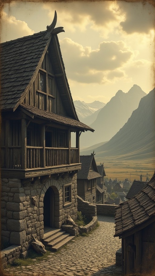 A cobblestone path leads past a stone and wood house with a curved roof towards distant mountains under a cloudy yellow sky.