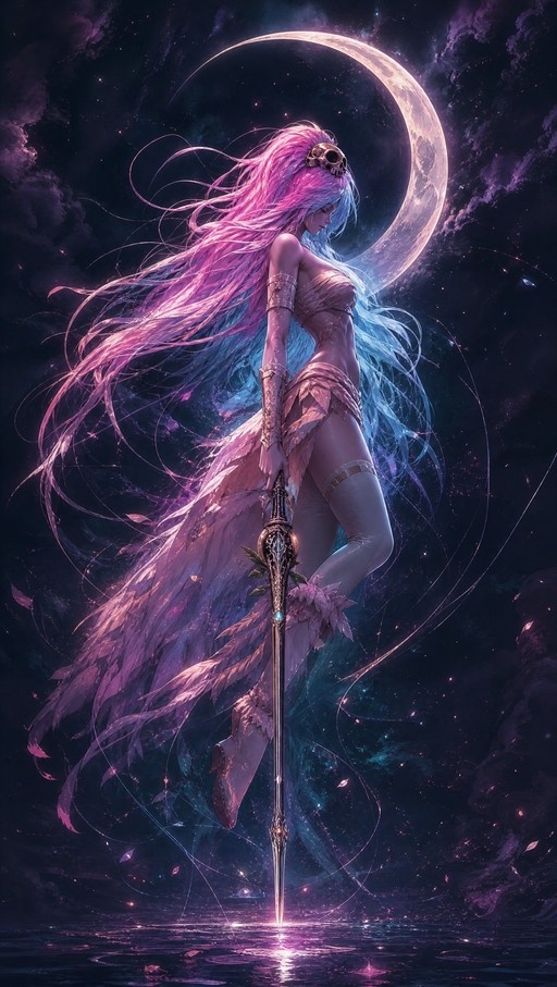 A full-body profile view of a female fantasy warrior with long flowing pink and blue hair holding an ornate sword vertically in the water under a large crescent moon.