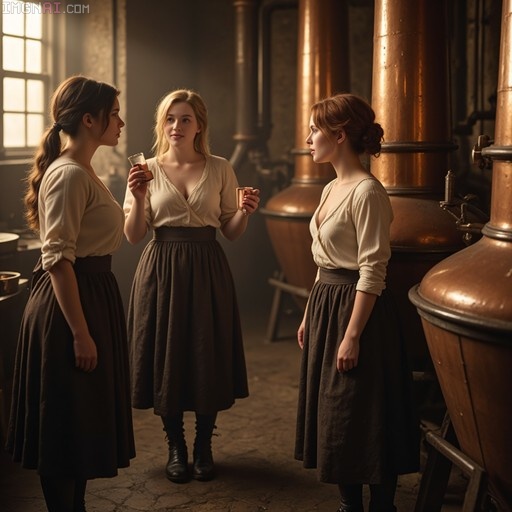 Three women in vintage uniforms standing near large copper stills while holding tasting glasses