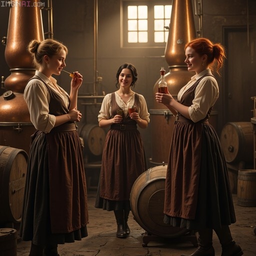 Three women in brown aprons standing among copper stills and barrels in a distillery, holding bottles and tasting spirits.