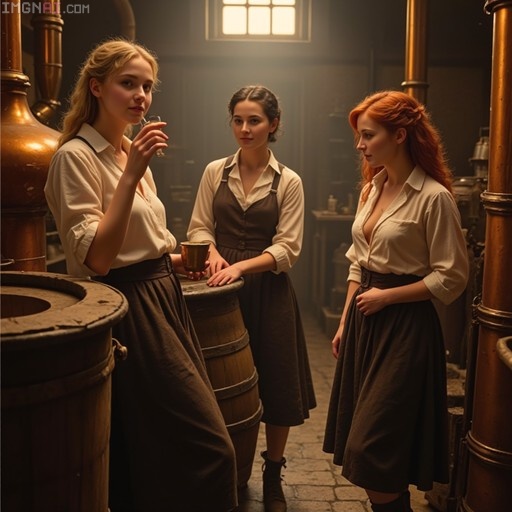Three women in late-Victorian clothing standing among copper stills and barrels inside a whisky distillery.