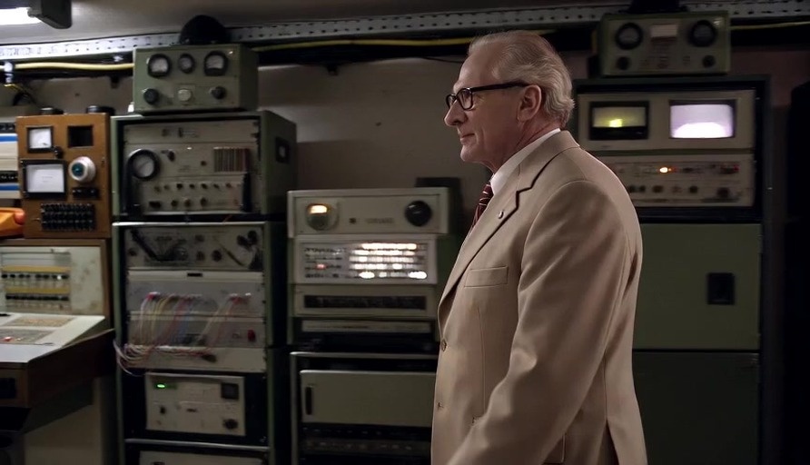 An elderly man in a beige suit runs down a hallway chased by a giant angry banana with the word Capitalism on its chest.