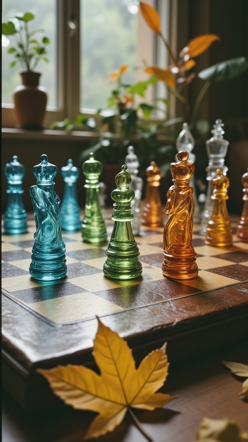 Close-up of colorful glass chess pieces on a wooden board with a yellow maple leaf in the foreground and plants near a window.