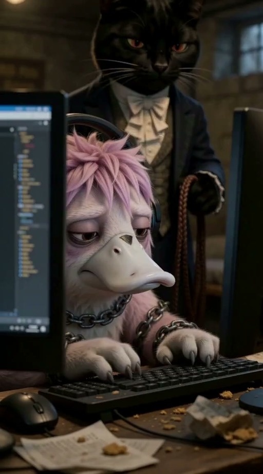 A pink furry creature with a beak is chained to a computer desk in a messy room, supervised by a black cat in a suit and a grey tabby cat in Roman armor.