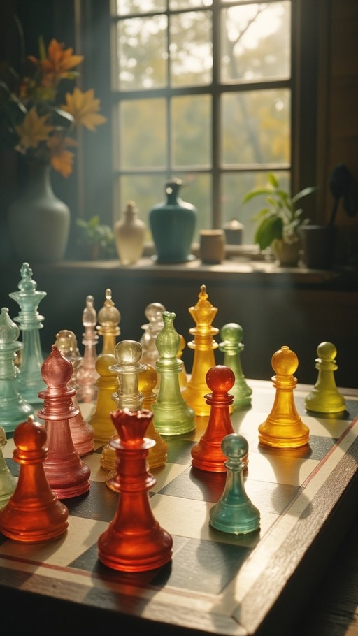 Close-up of colorful glass chess pieces on a board with sunlight in the background.