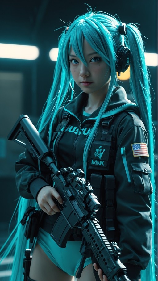 A realistic portrait of Hatsune Miku in tactical gear holding an assault rifle with her signature teal twin-tails and headphones visible.