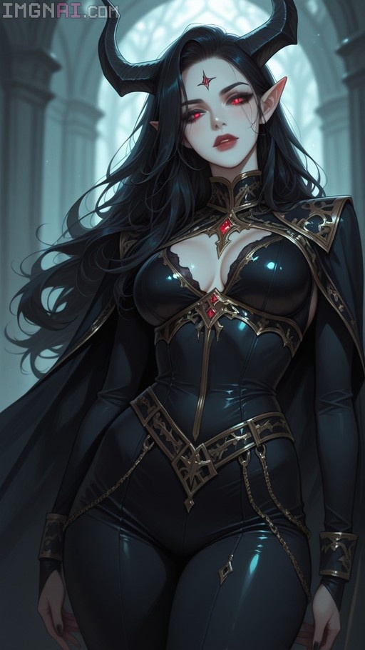 A fantasy demoness with long black hair, large horns, and red eyes wears a black armored bodysuit with gold trim and a cape.