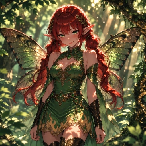 A red-haired elf fairy with twin tails and large translucent wings stands in a sunlit forest wearing an ornate green dress with gold accents and smiling at the viewer.
