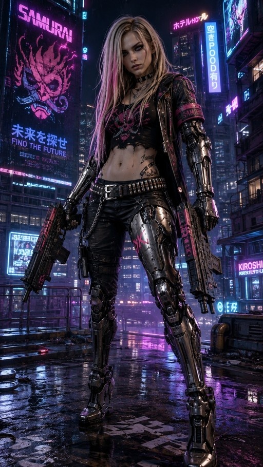 A blonde female cyborg with pink-streaked hair stands on a wet street at night, holding two submachine guns. She wears a torn black jacket and has mechanical prosthetic legs and arms, with neon signs reading "SAMURAI" visible in the background.