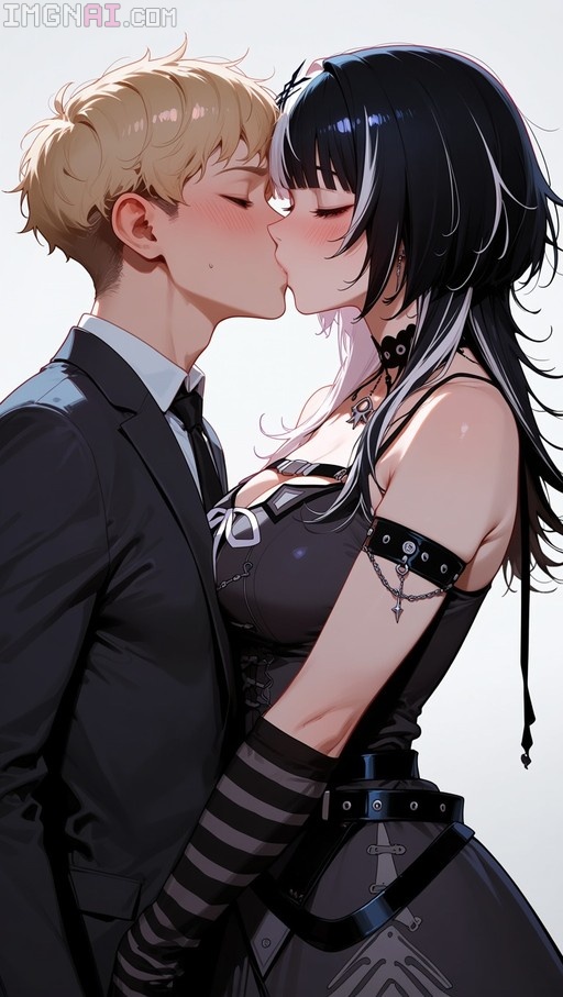 Shiori Novella with black and white hair kissing a blonde man in a suit.