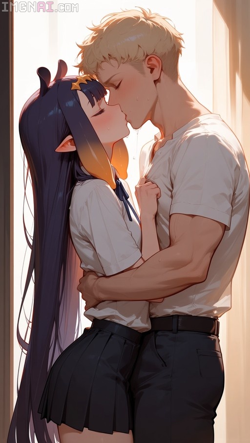 A side profile view of Ninomae Ina'nis with long dark blue and orange hair kissing a tall blonde man in a white t-shirt near a sunlit window.