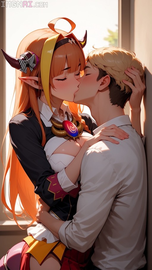 Kiryu Coco with orange hair and dragon horns kissing a blonde man near a window.