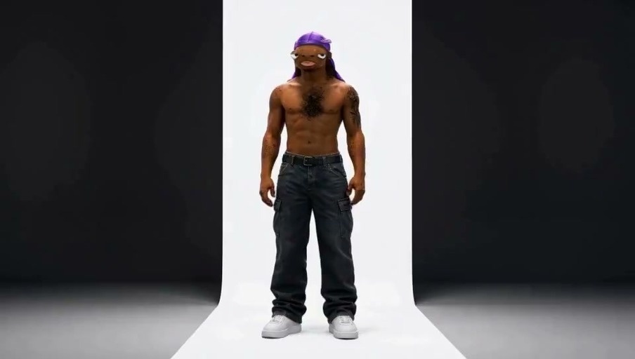 A full-body shot of a muscular shirtless man with dark skin and a purple durag dancing on a white background that transitions to colorful rings.