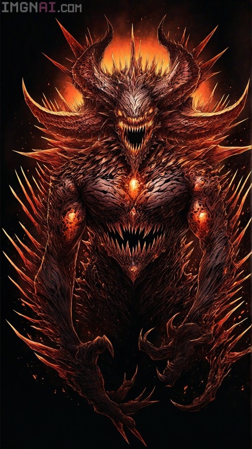 A muscular dark brown demon with multiple large horns and sharp teeth stands against a black background, featuring glowing orange eyes and joints.