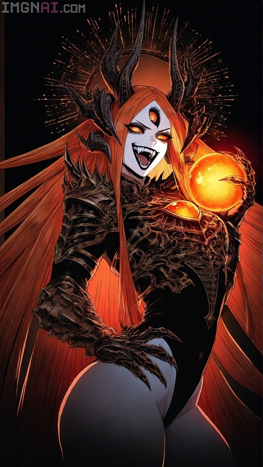 A laughing demon girl with long ginger hair, multiple horns, and a third eye holds a glowing orange orb while wearing black spiked armor.
