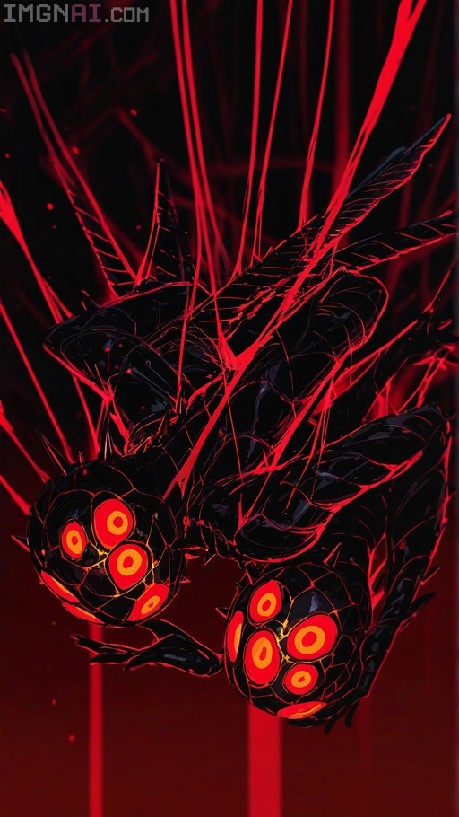 A dark, glossy black insectoid monster with multiple glowing orange-red eyes and neon red spikes floats against a dark background.