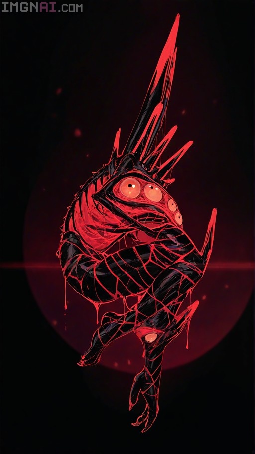 A glossy black monster with red veins and spikes floats against a dark background, featuring multiple large glowing eyes.