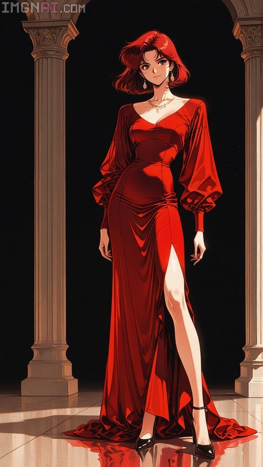 Full-body illustration of an anime woman with short red hair wearing a long red dress with puffy sleeves and a side slit, standing between stone columns.