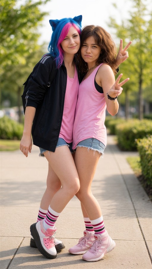 Two young women standing on a paved path outdoors; one has blue and pink hair with cat ears and wears a black jacket, while the other makes peace signs in a pink tank top and denim shorts.