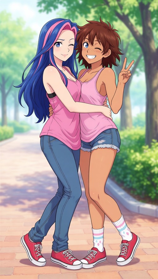Two anime girls in matching pink tank tops and red shoes pose together on a sunny path; one has long blue and pink hair while the other has short brown hair and makes a peace sign.