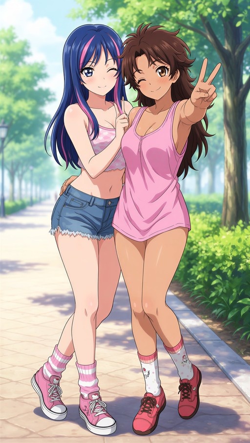 Two anime girls standing on a sunny path, one with blue and pink hair in denim shorts and the other with brown hair in a pink dress, both winking and making peace signs.