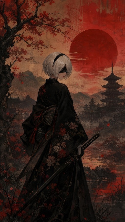 A blindfolded woman with short white hair wearing a black floral kimono holds a katana in front of a large red sun and a Japanese pagoda.