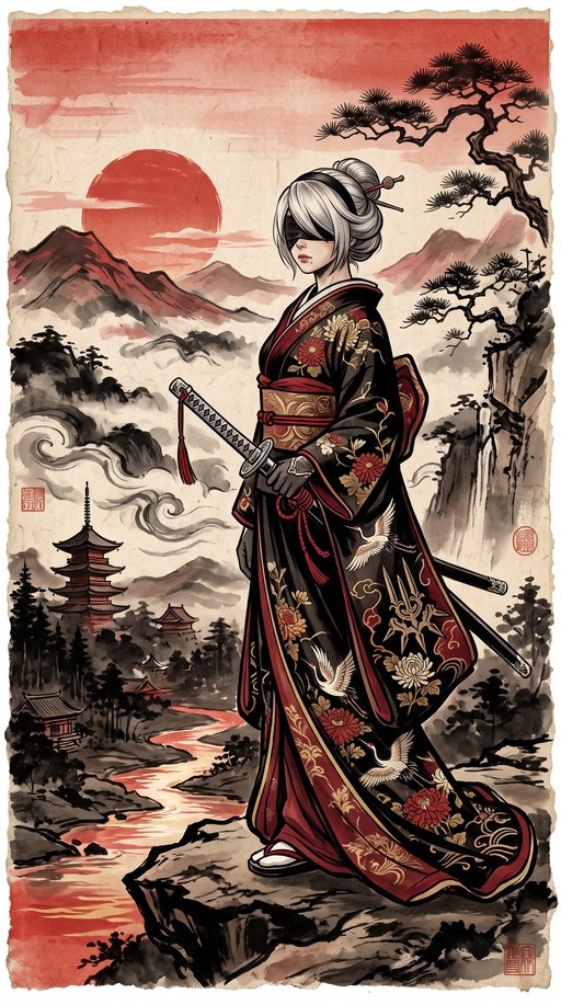Blindfolded 2B from Nier Automata in a black floral kimono holding a katana on a cliff with a pagoda and red sun.