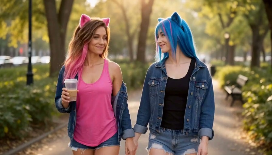 Two smiling women wearing pink and blue cat ear headbands hold hands while walking down a tree-lined path in a park.
