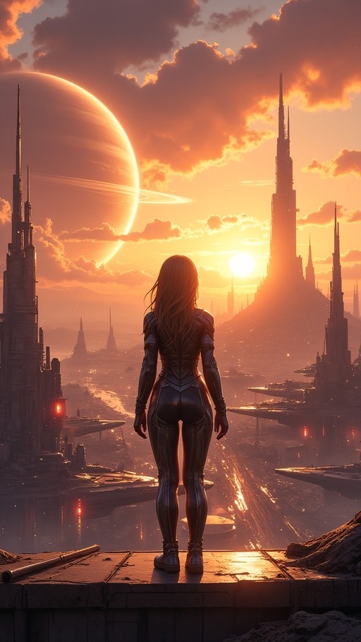 Woman in dark bodysuit standing from behind looking at futuristic city and ringed planet at sunset