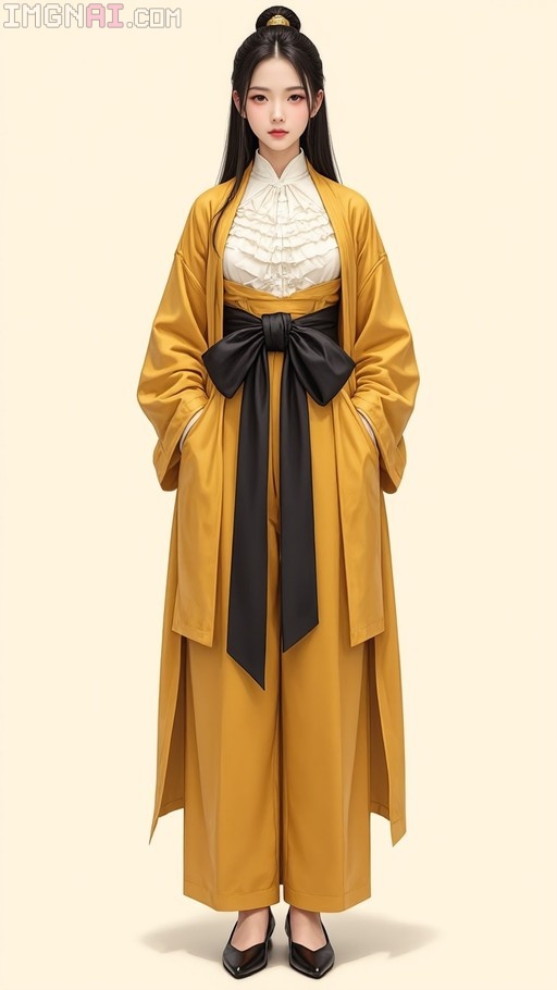 A full-body portrait of a young woman with long dark hair wearing a mustard-yellow traditional robe and matching pants, cinched with a large black sash over a white ruffled blouse.