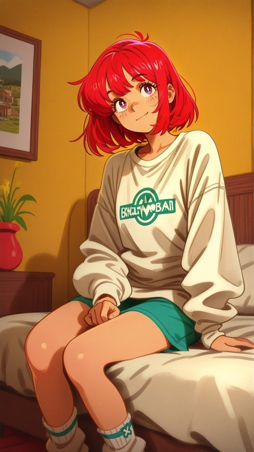 Red-haired anime girl sitting on a bed wearing an oversized white sweater and teal shorts