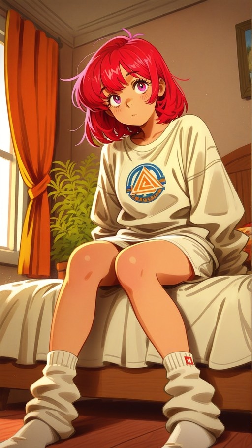 An anime girl with short red hair and pink eyes sits on a bed wearing an oversized white shirt and loose socks in a sunlit room.