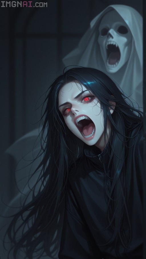 A pale anime girl with long black hair and glowing red eyes screams, showing sharp fangs, while a large skeletal ghost in a white robe looms behind her.
