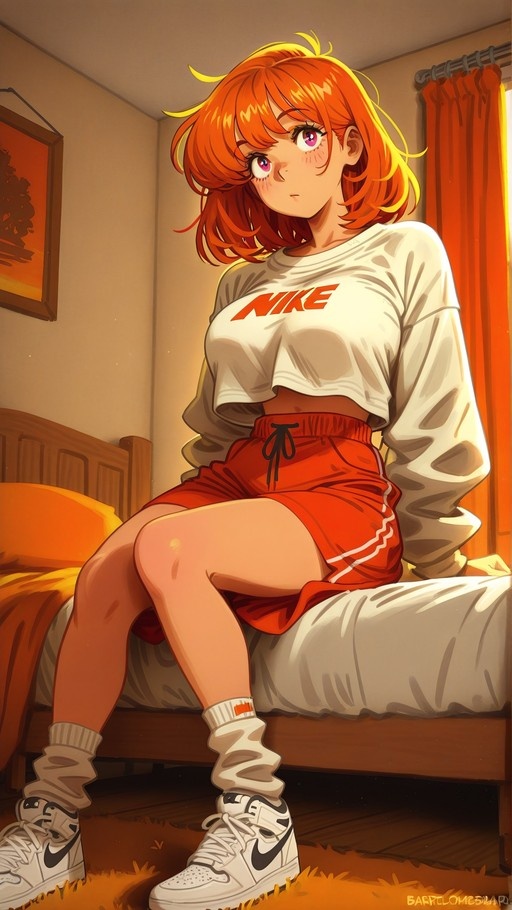 An anime-style girl with orange hair wearing a white Nike crop top and red shorts sits on a bed.