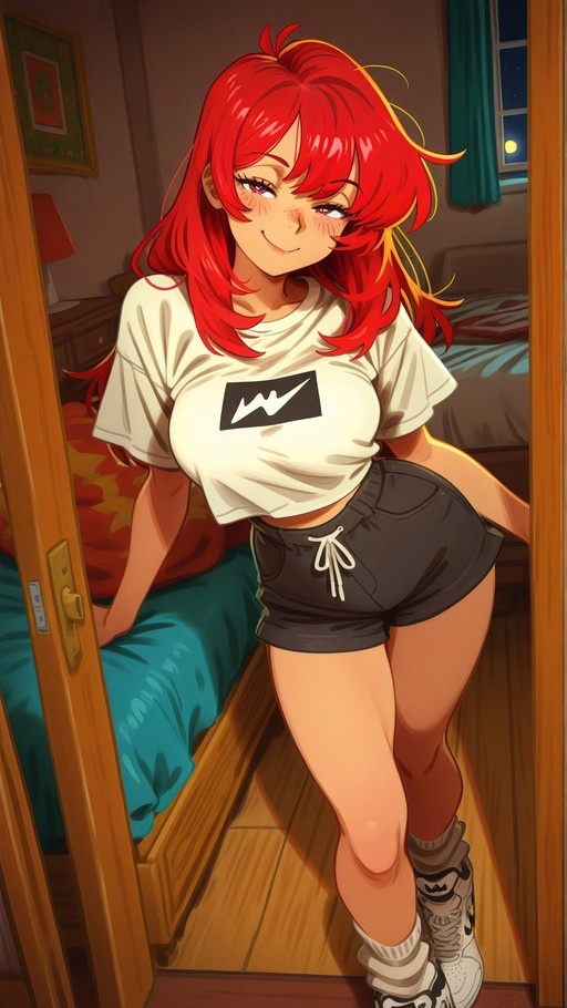 An anime-style illustration of a smiling girl with long red hair standing in a bedroom doorway at night, wearing a white t-shirt and dark shorts.